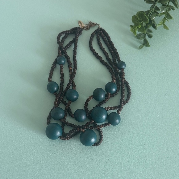 Chunky Beaded Necklace in Teal and Brown - Picture 1 of 2